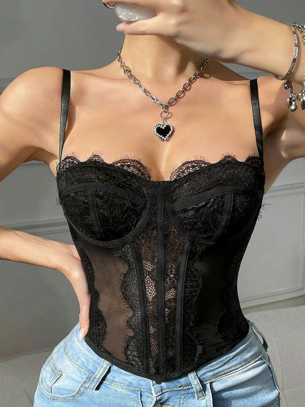 Whimsigoth Lace Corset Black XS Moody Going Out Top